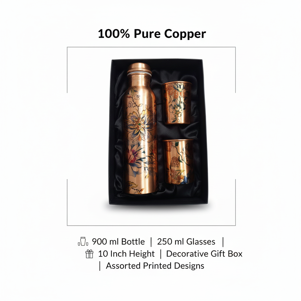 Copper bottle and glasses set with decorative gift box on a white background