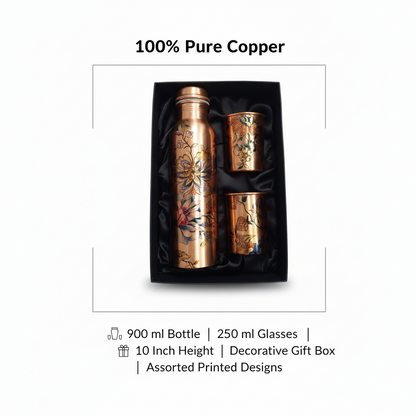 Copper bottle and glasses set with decorative gift box on a white background