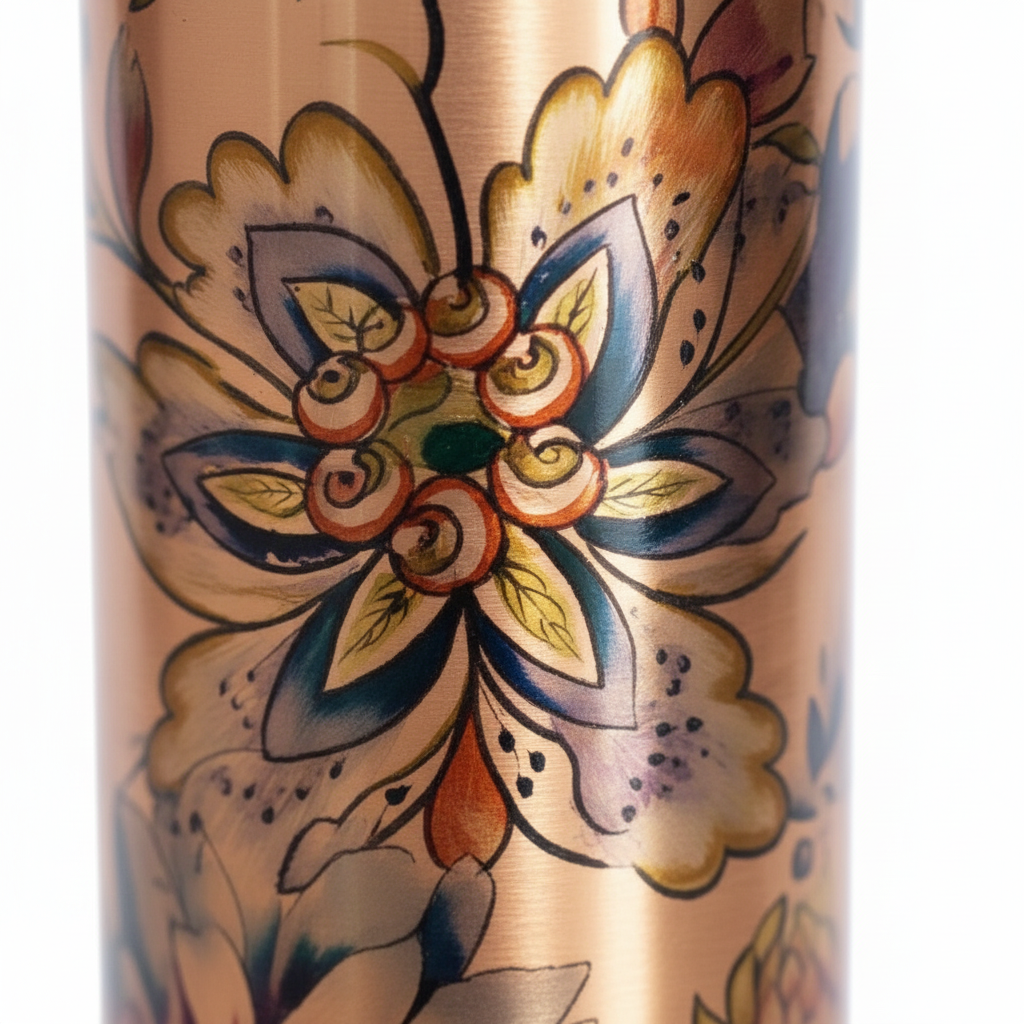 Copper tumbler with intricate floral design on a white background