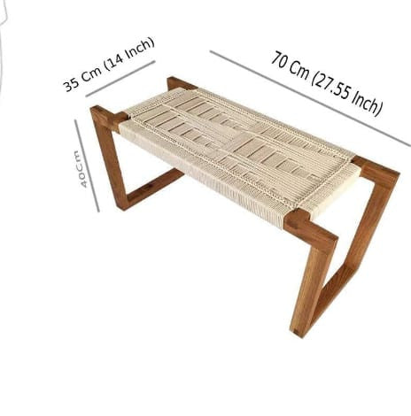 Handcrafted Wooden Bench with Natural Rope – White