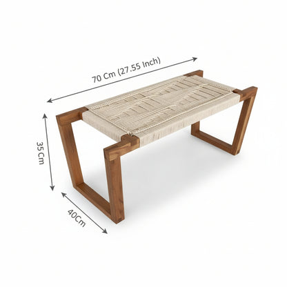 Wooden bench with woven seat and dimensions labeled on a white background