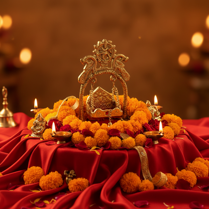 Decorative altar with marigold flowers, candles, and a metallic object on a red cloth with a warm glow.