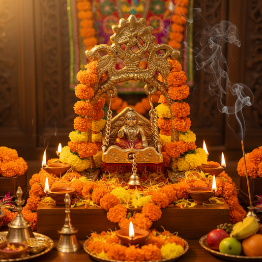 Decorative altar with flowers, candles, and a statue in a warm setting