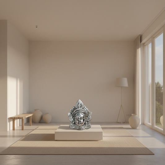 Decorative sculpture on a pedestal in a minimalistic room with large windows.