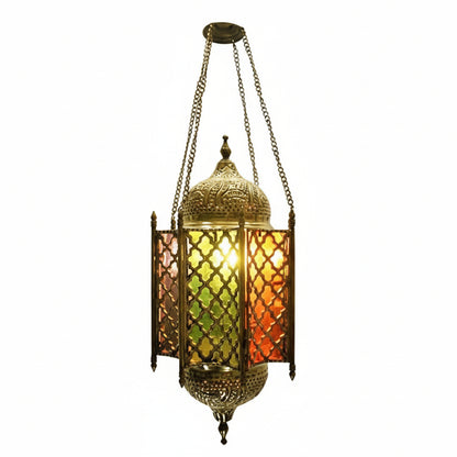 Decorative hanging lantern with intricate design and colorful glass panels on a white background