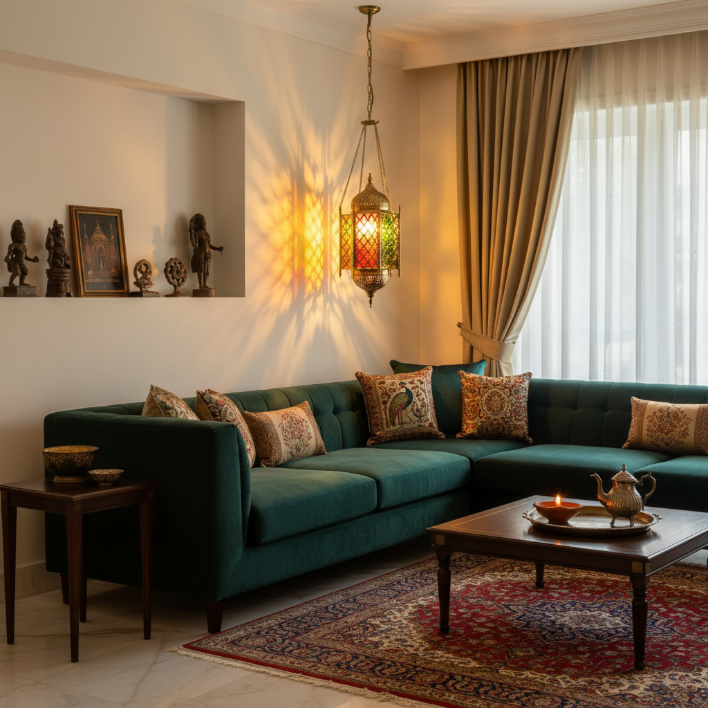 Living room with teal sectional sofa, decorative pillows, and a coffee table.