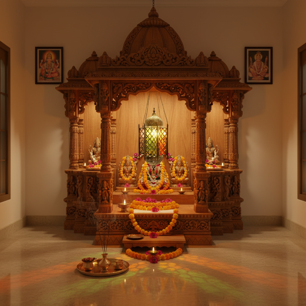 Wooden temple structure with decorative elements in a room.