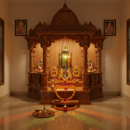 Wooden temple structure with decorative elements in a room.