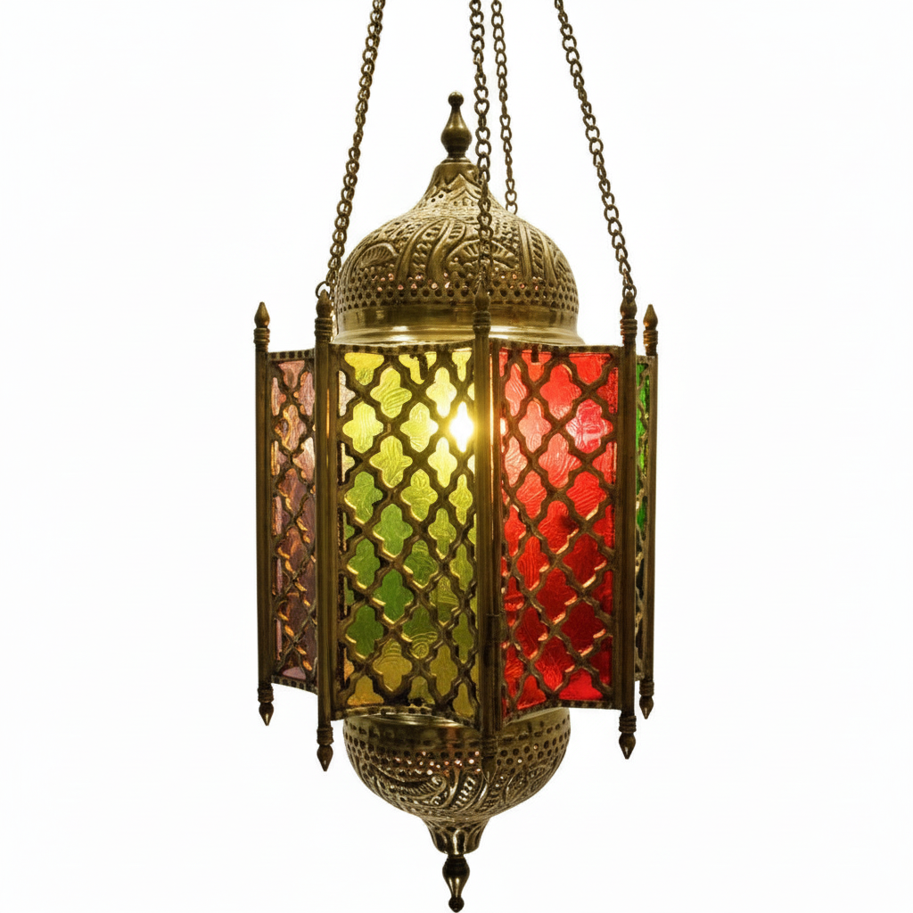 Decorative hanging lantern with colorful glass panels on a white background