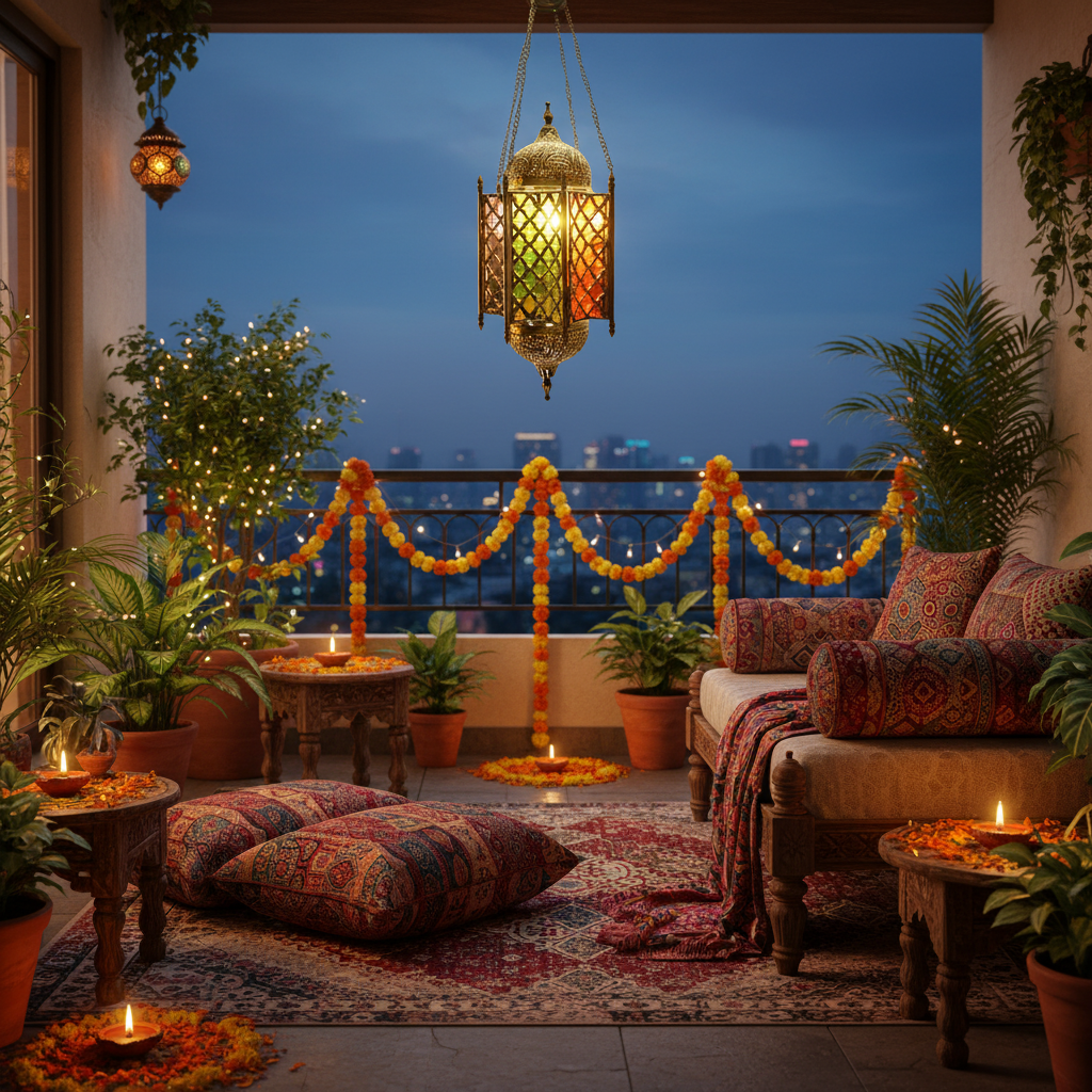 Decorative outdoor evening setting with lanterns, plants, and candles on a balcony.