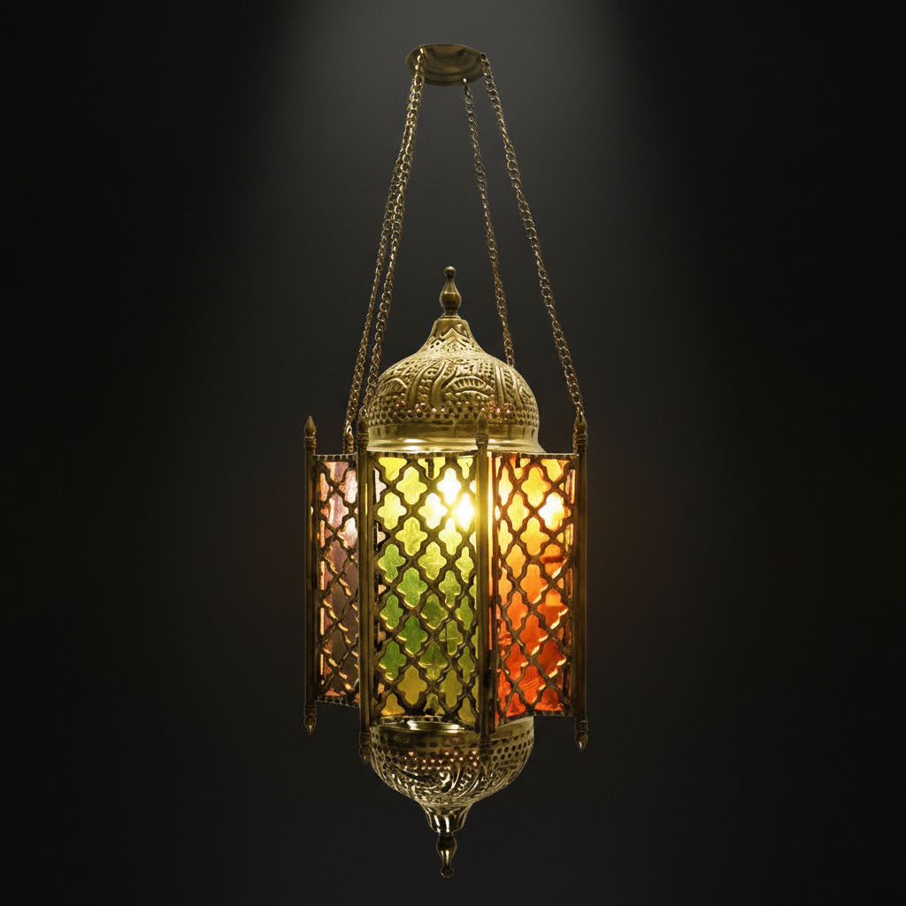 Decorative hanging lantern with intricate design on a dark background