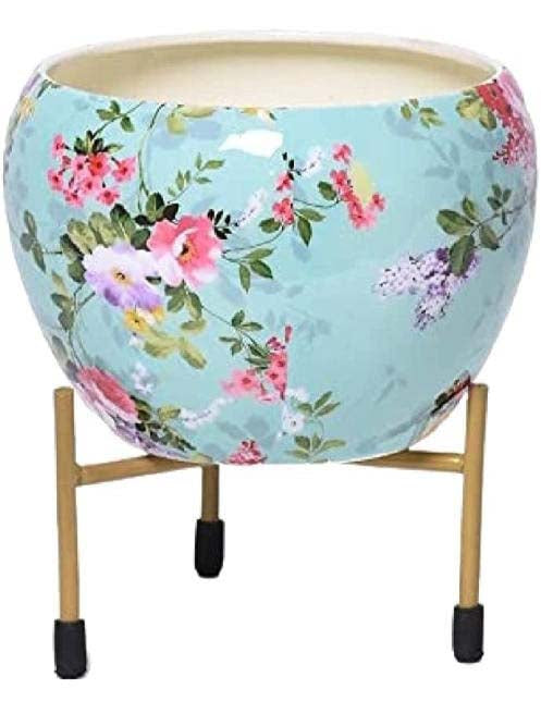Designer Metal Bowl Planter – 8x8 Inch Multicolour with Golden Stand