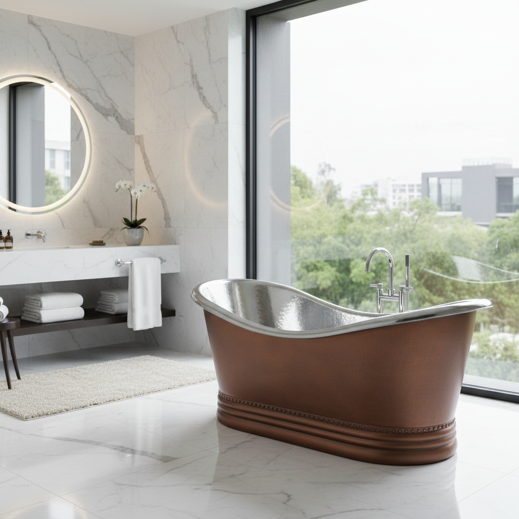 Modern bathroom with a copper bathtub and large window
