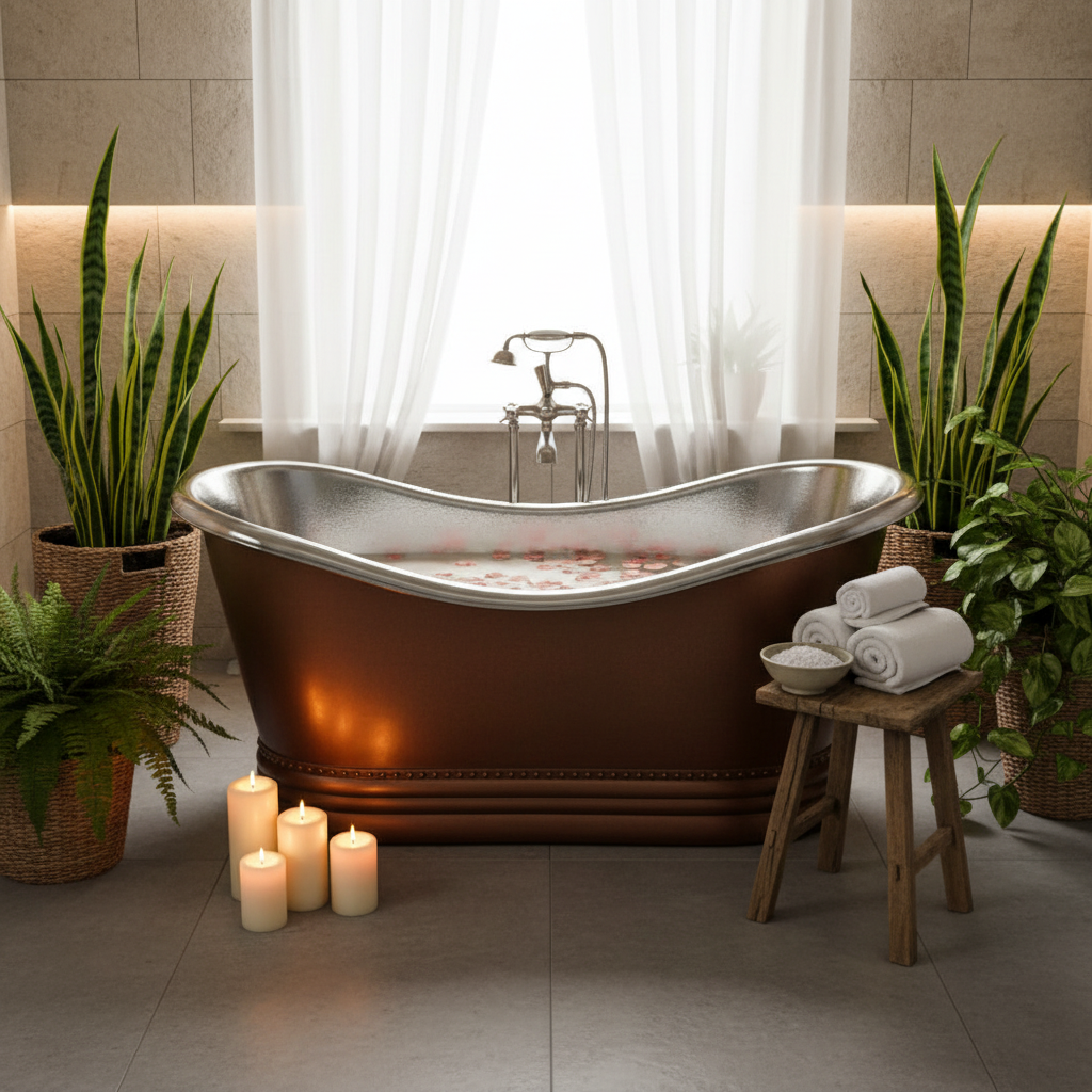 Relaxing bath scene with a copper bathtub, candles, and plants in a bathroom setting.
