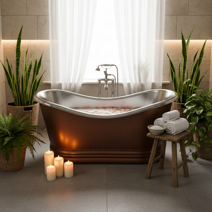 Relaxing bath scene with a copper bathtub, candles, and plants in a bathroom setting.