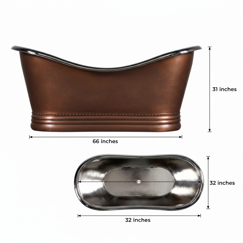 Brown metal bathtub with dimensions on a white background