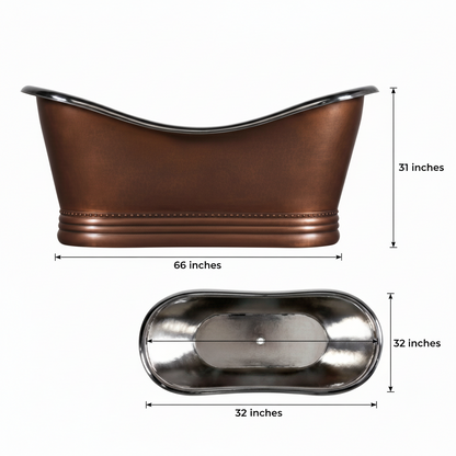 Brown metal bathtub with dimensions on a white background