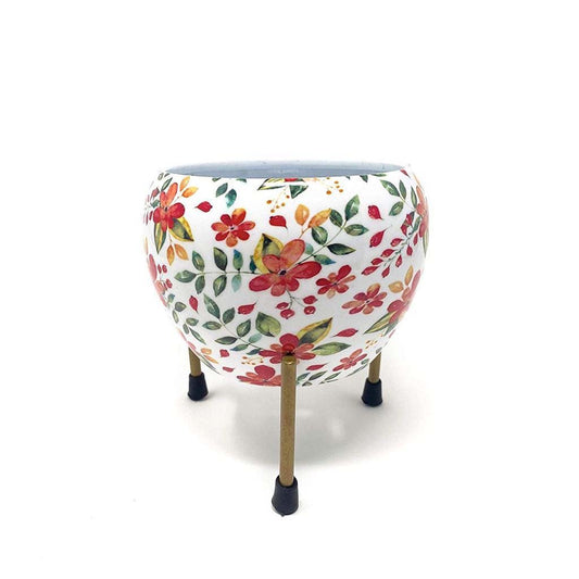 Designer Metal Bowl Planter with Golden Stand – Multicolour Printed (6x6 Inch)