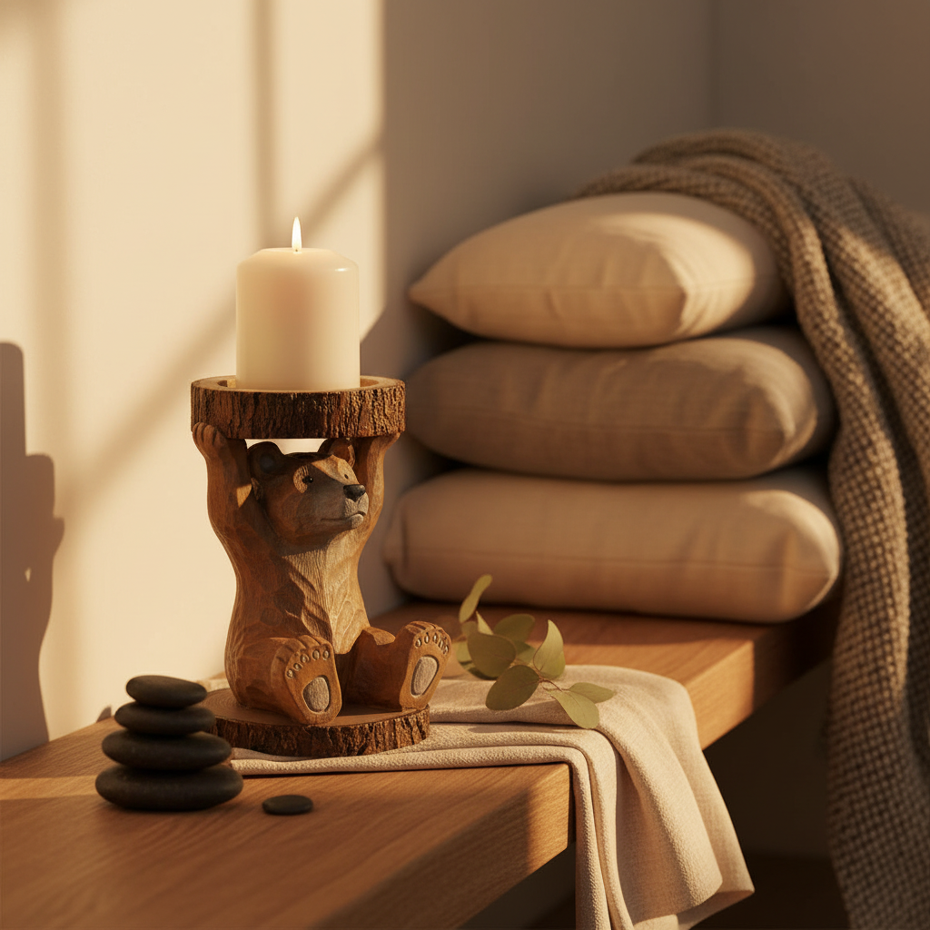 Bear-shaped candle holder with a candle on a wooden surface 2