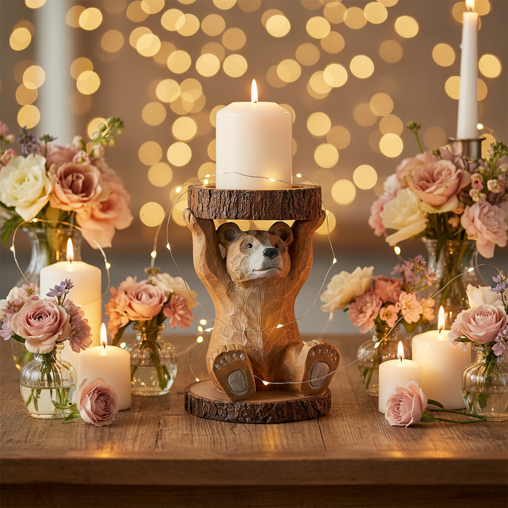 Decorative setup with a bear-shaped candle holder, candles, and flowers on a wooden table with a bokeh light background.