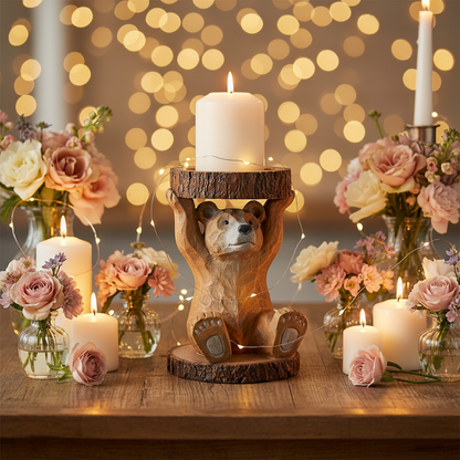 Decorative setup with a bear-shaped candle holder, candles, and flowers on a wooden table with a bokeh light background.