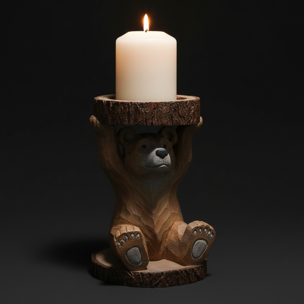 Wooden bear candle holder with a lit candle on a dark background