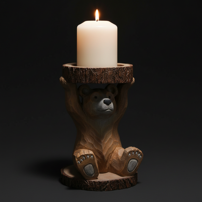 Wooden bear candle holder with a lit candle on a dark background