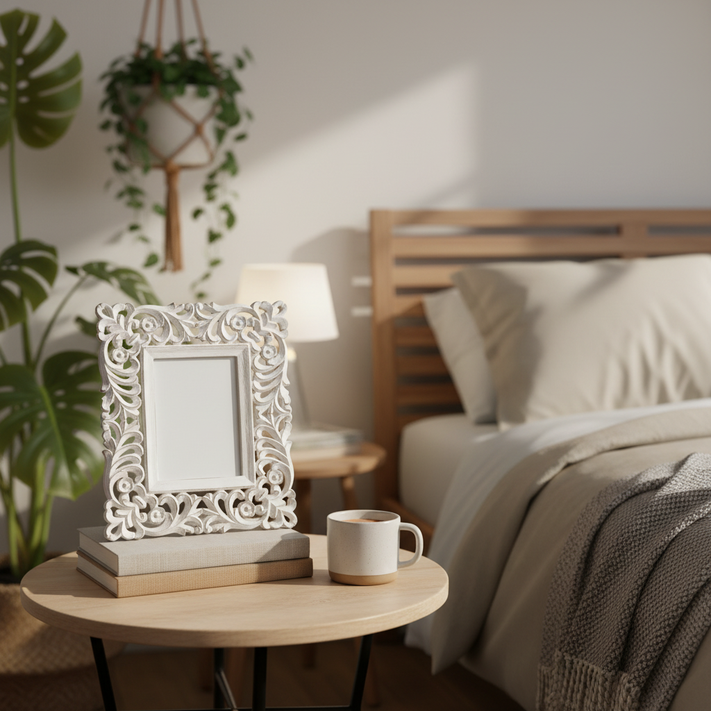 Decorative white frame on a wooden table next to a bed with a lamp and plant in the background