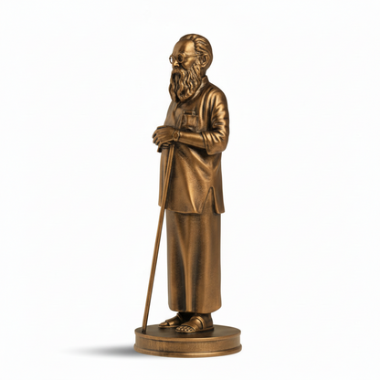 Bronze statue of an elderly man with a walking stick on a white background