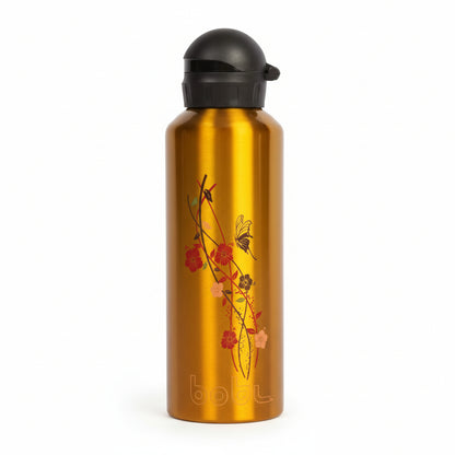 Gold water bottle with floral design and black cap on a white background