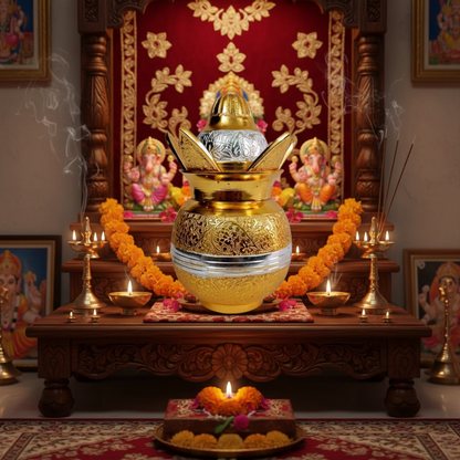 Decorative altar with a golden urn, candles, and flowers in front of an ornate wooden panel with deities.