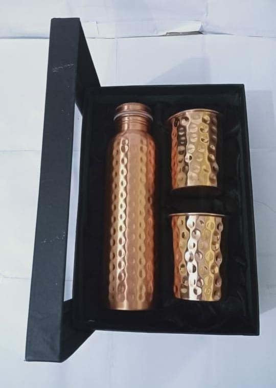 Hammered Copper Water Bottle With 2 Glass Set – 900 ml