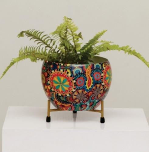 Designer Metal Bowl Planter with Golden Stand – 8x8 Inch Multicolour Printed