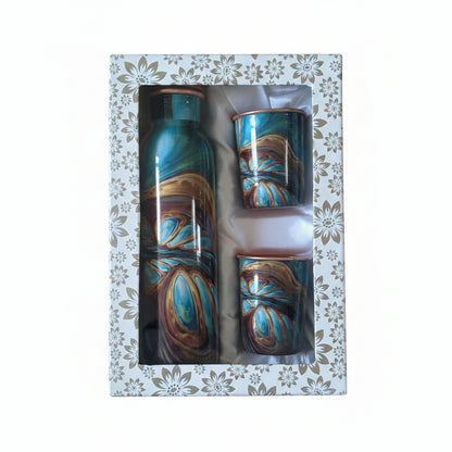 Decorative water bottle and cup set in a gift box with a floral pattern.