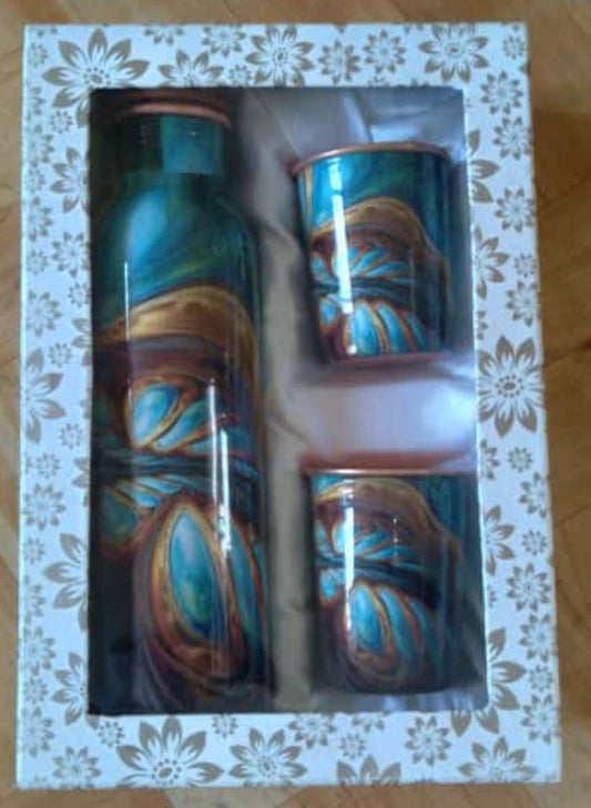 Printed Copper Water Bottle with Glass Set – 1L