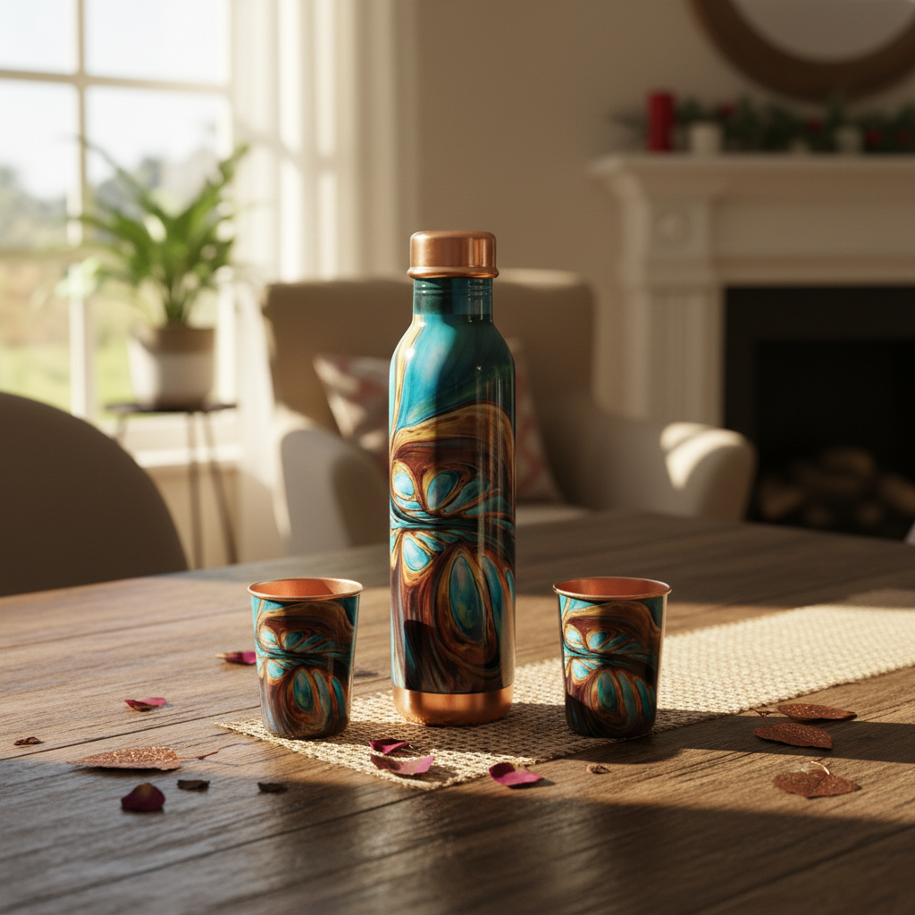 Decorative water bottle and cups on a wooden table with a cozy indoor background.