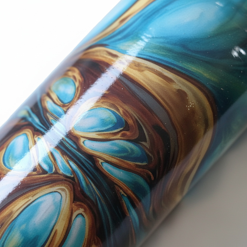 Close-up of a glass object with blue and brown marbled pattern