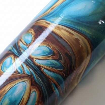 Close-up of a glass object with blue and brown marbled pattern