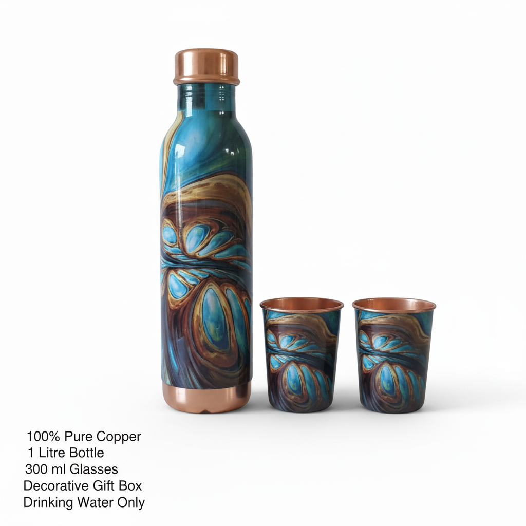 Decorative bottle and two cups with blue and brown abstract patterns on a white background