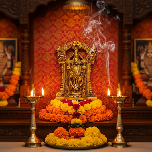 Decorative altar with a golden idol, flowers, and candles in a religious setting.