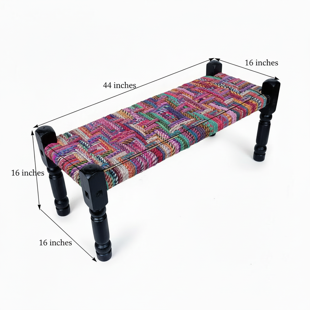 Multicolored fabric bench with black wooden legs and dimensions labeled on a white background