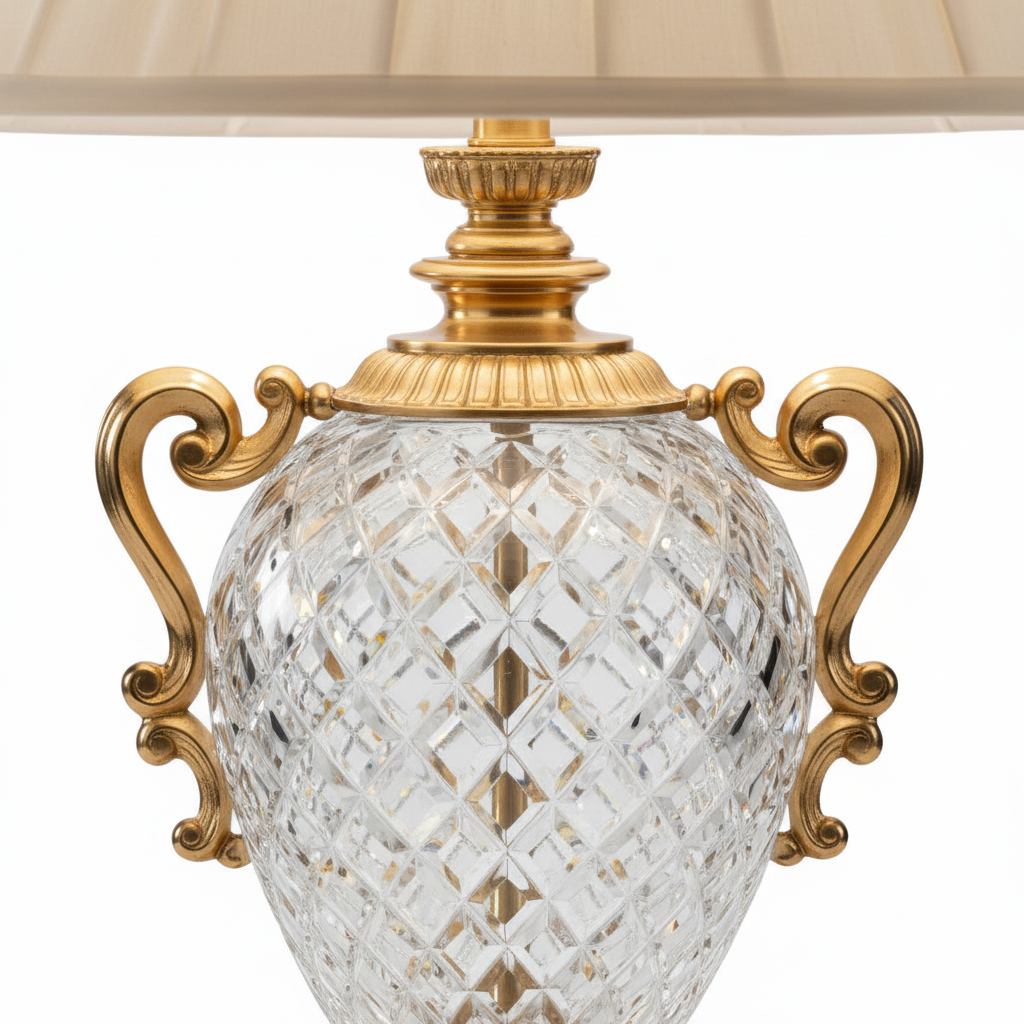 Decorative table lamp with crystal base and pleated beige shade on a black background