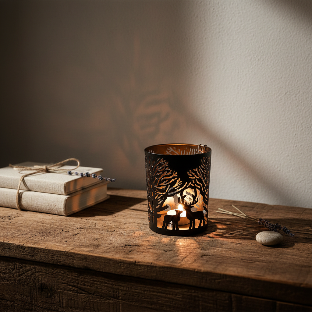 Candle holder with cut-out design on a wooden surface with books and a stone.