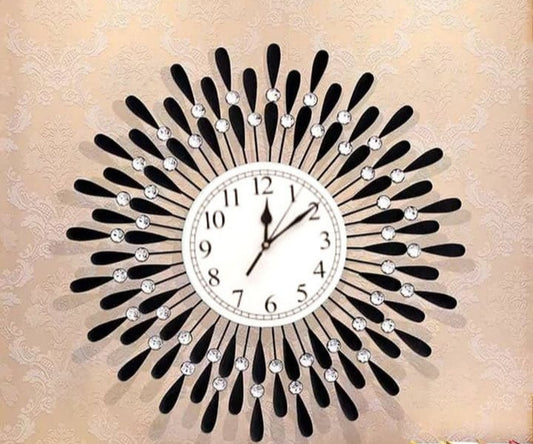Metal Black flower With Crystal Wall Clock