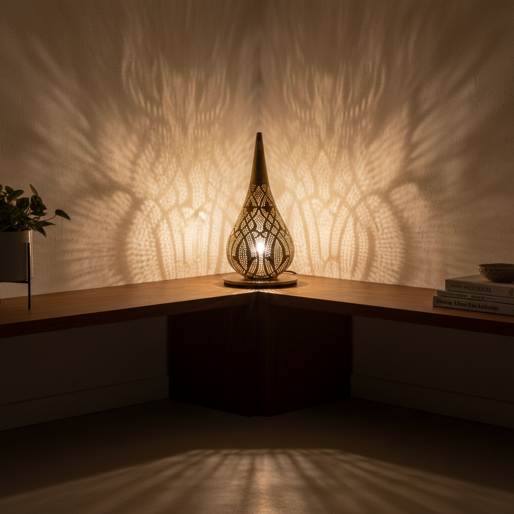 Decorative lamp casting intricate shadows on a wall in a dimly lit room.