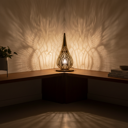 Decorative lamp casting intricate shadows on a wall in a dimly lit room.