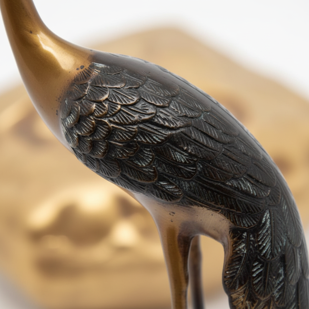 Close-up of a bronze sculpture of a bird with detailed feathers on a blurred background