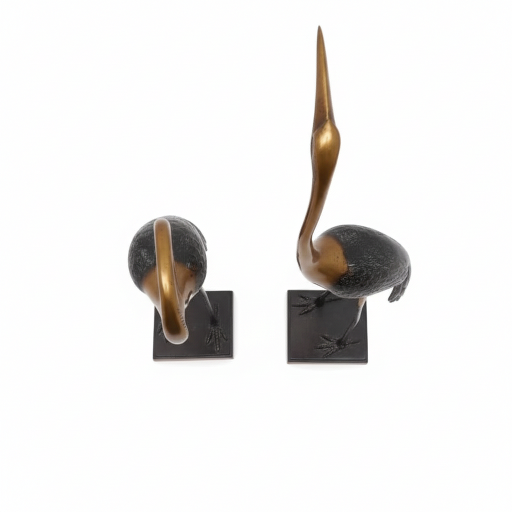 Two bronze sculptures of birds on a white background