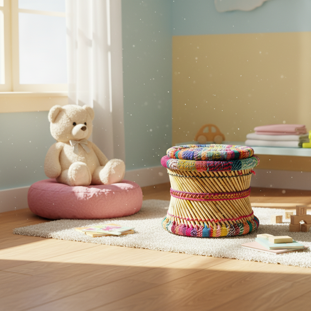 Children's room with a teddy bear on a pink cushion and a colorful woven stool.