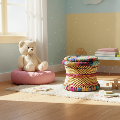 Children's room with a teddy bear on a pink cushion and a colorful woven stool.